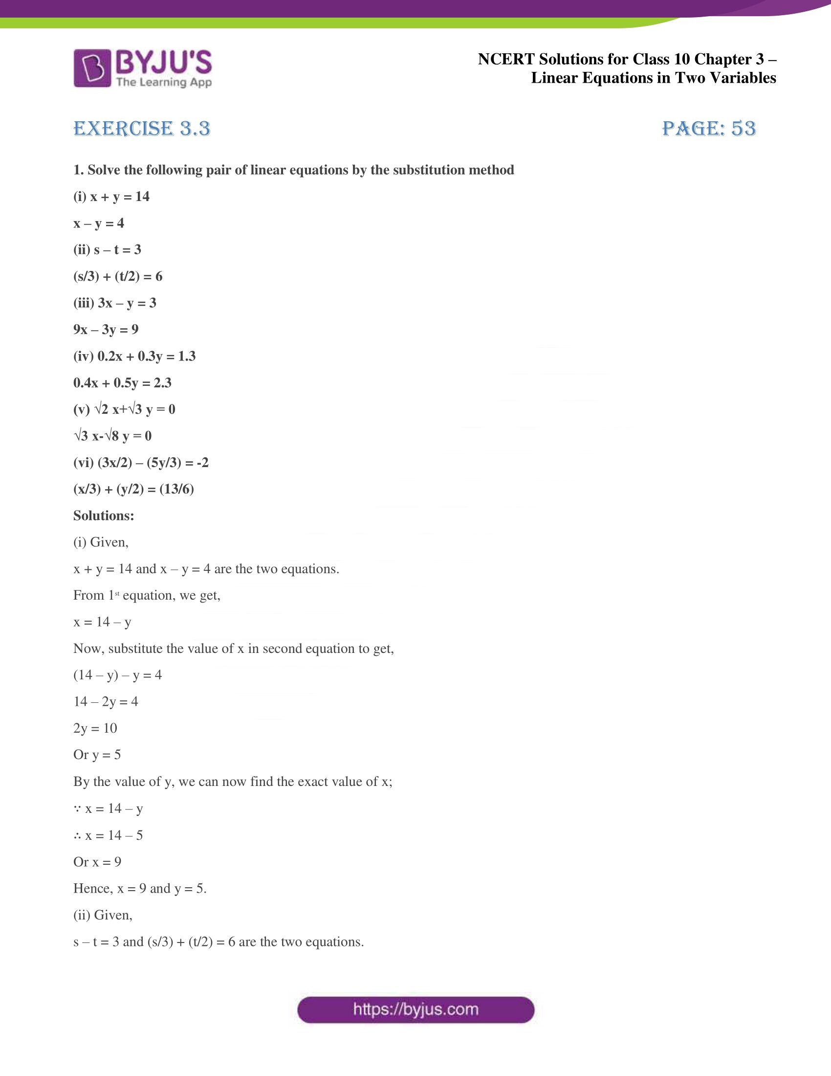 NCERT Solutions for Class 10 Chapter 3 Linear Equations in Two Variables