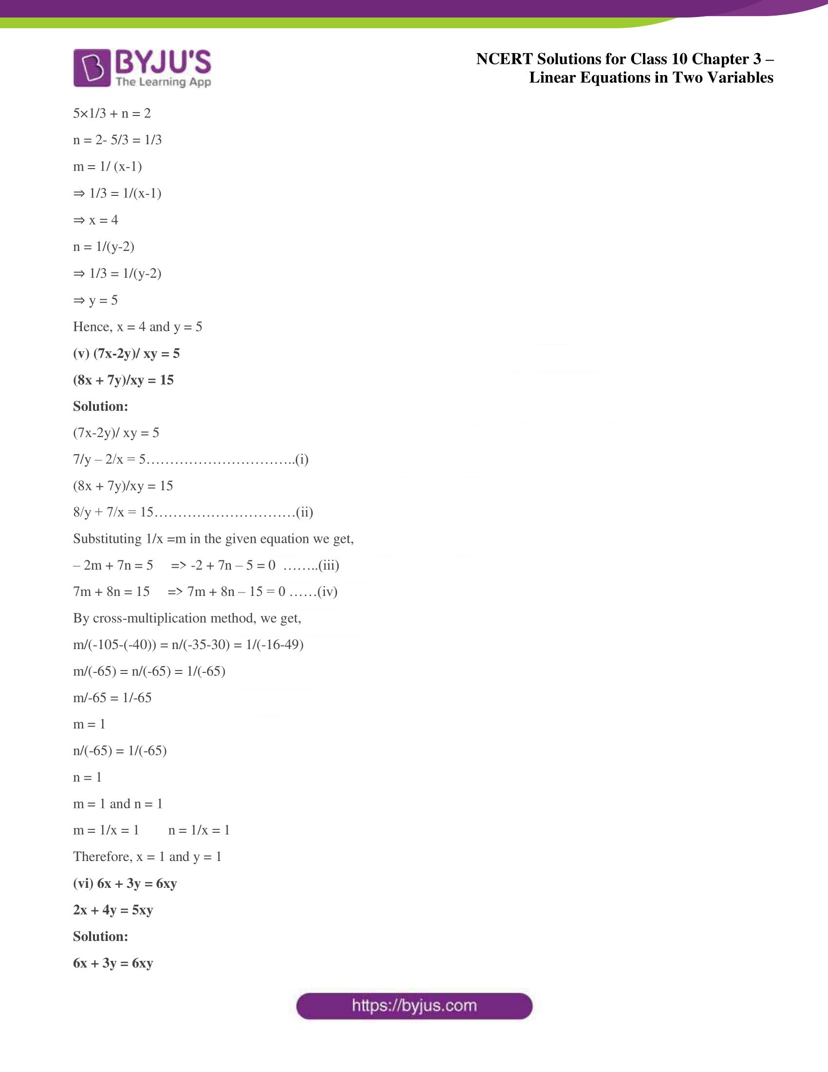NCERT Solutions for Class 10 Chapter 3 Linear Equations in Two Variables