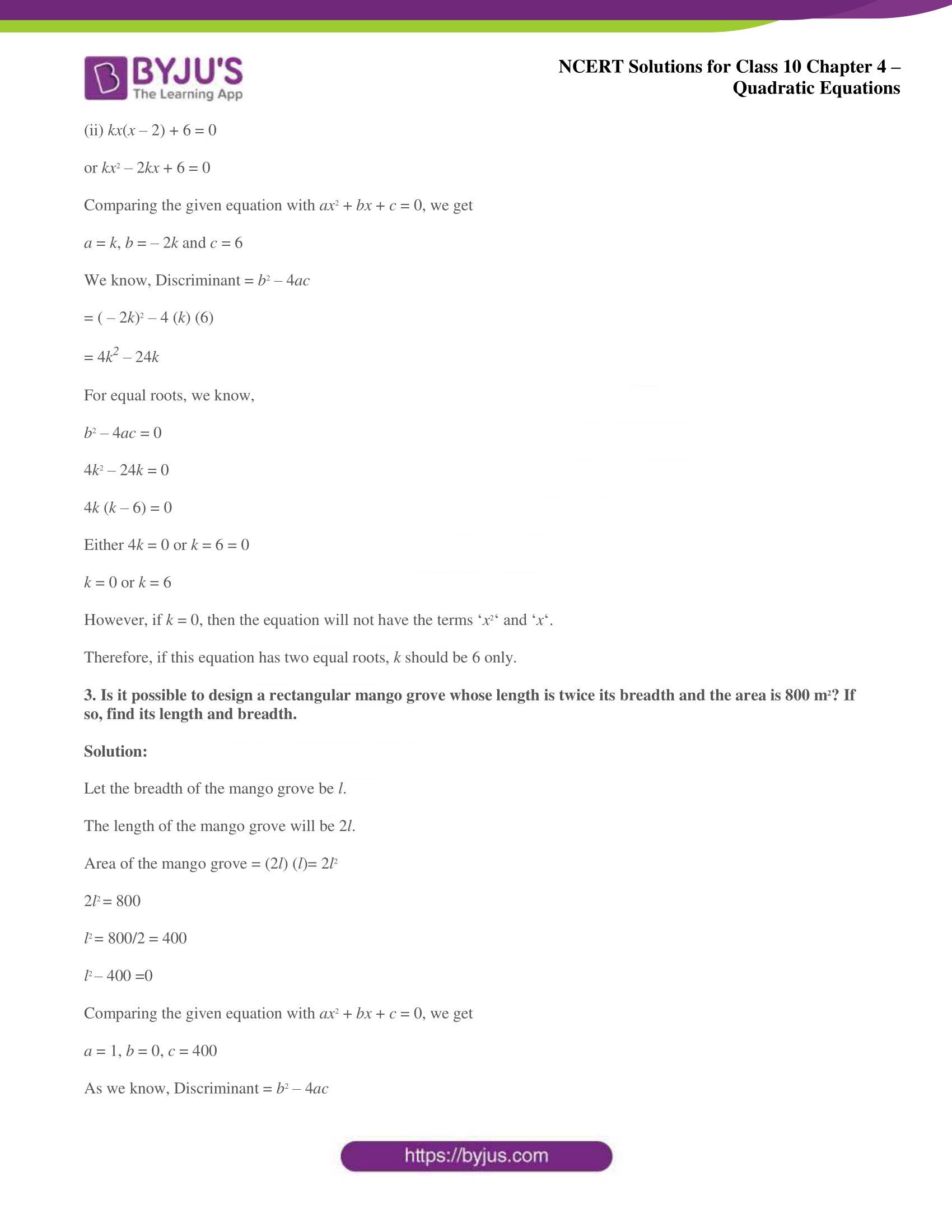 NCERT Solutions for Class 10 Maths Chapter 4 Quadratic Equations