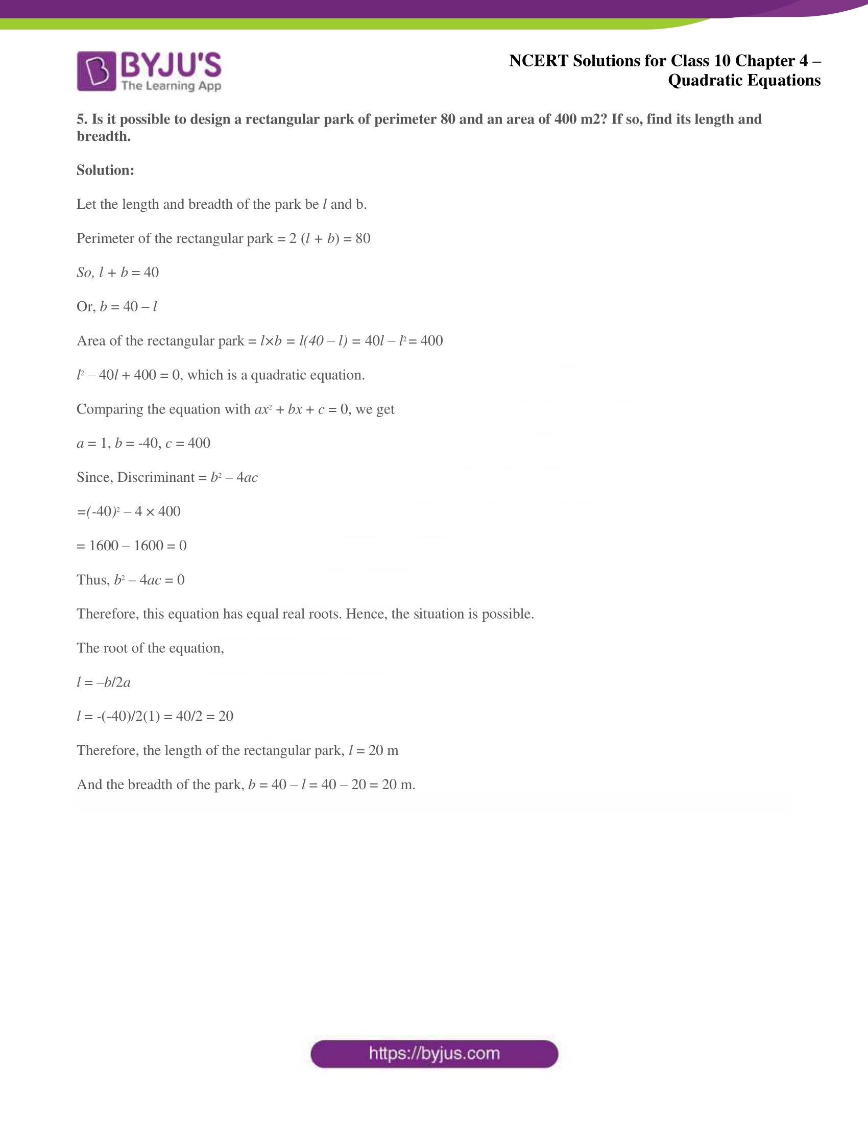 NCERT Solutions for Class 10 Maths Chapter 4 Quadratic Equations