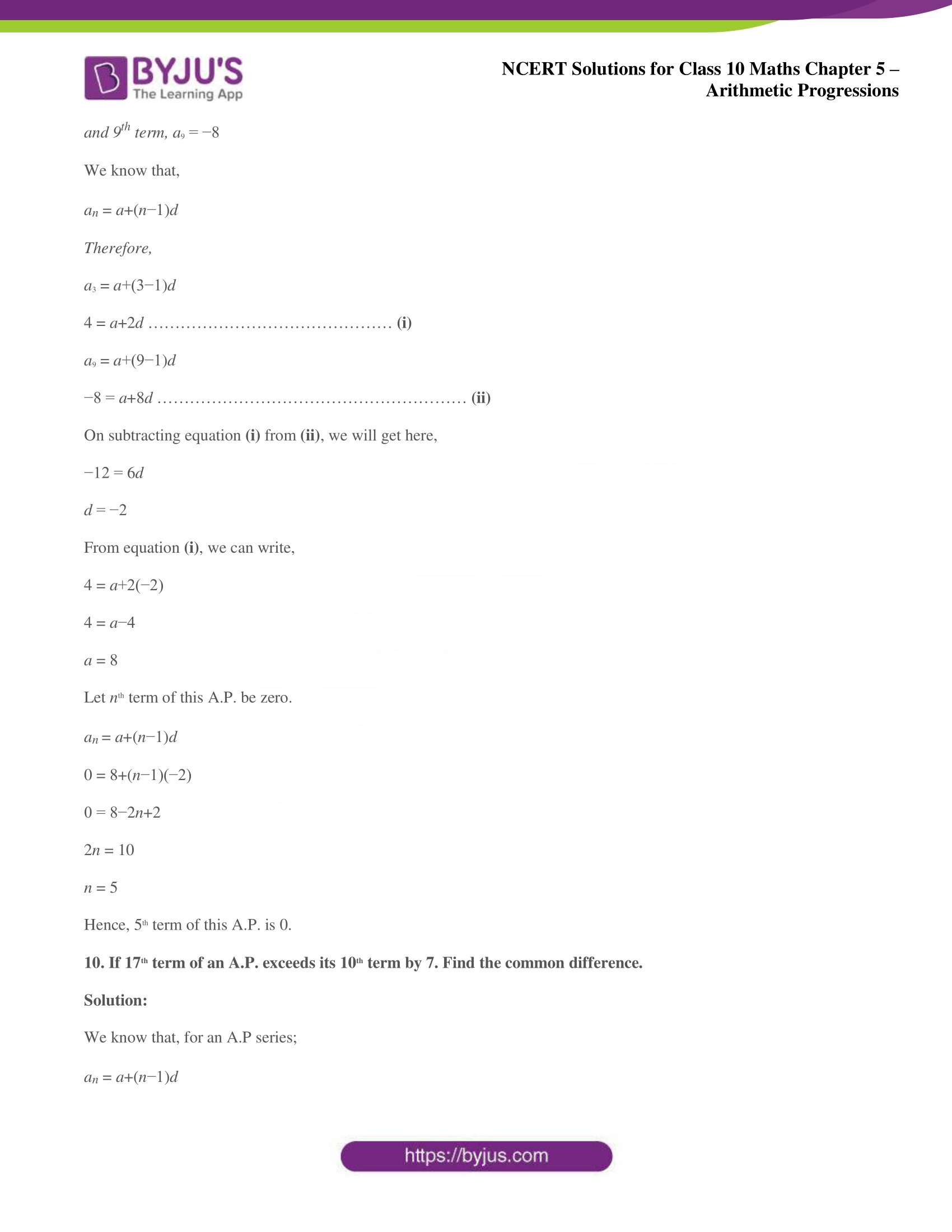 NCERT solutions for Class 10 Maths chapter 5 Arithmetic Progression