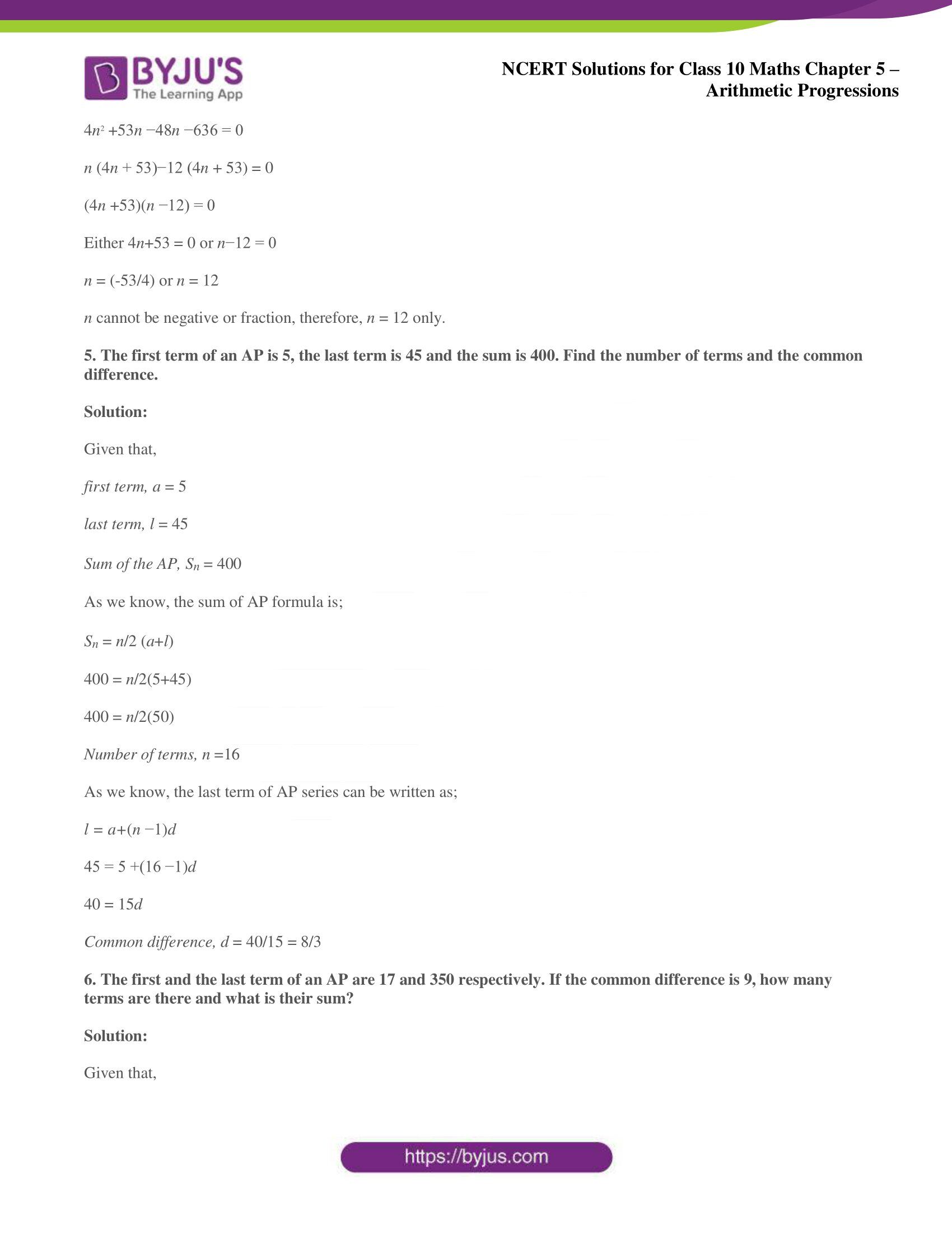 NCERT solutions for Class 10 Maths chapter 5 Arithmetic Progression