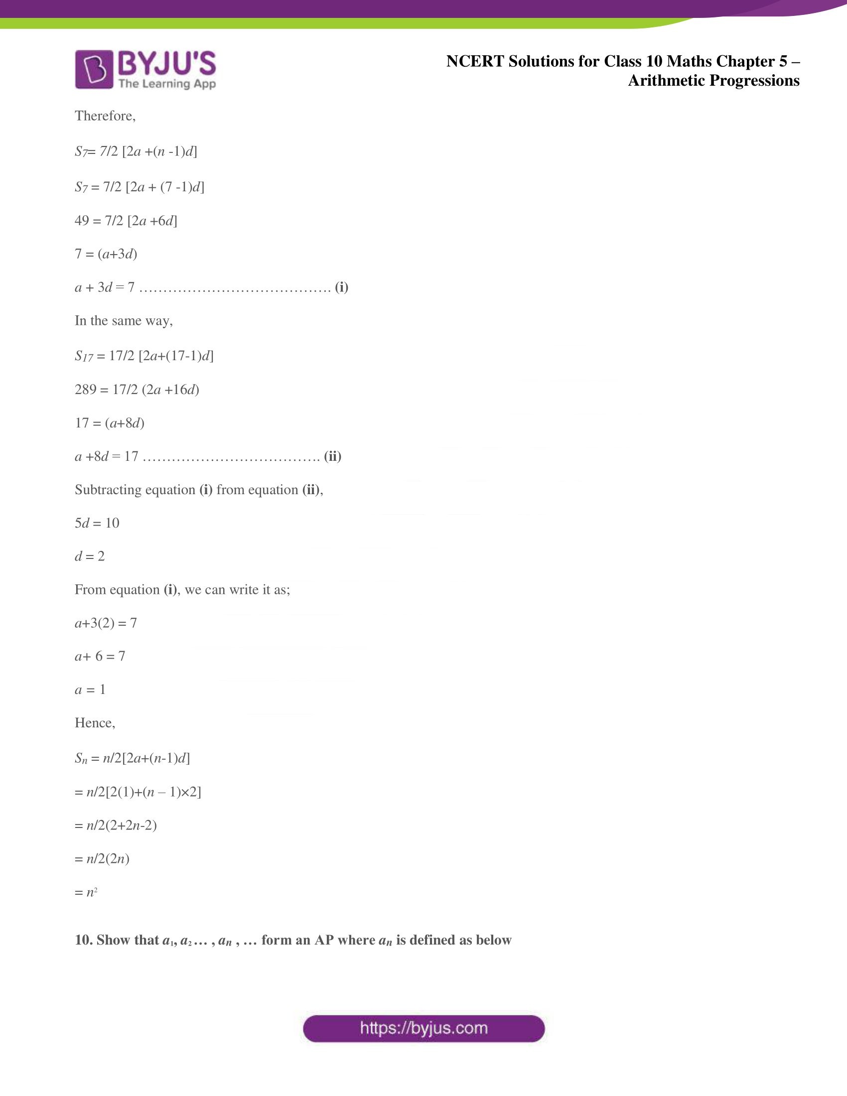 NCERT solutions for Class 10 Maths chapter 5 Arithmetic Progression